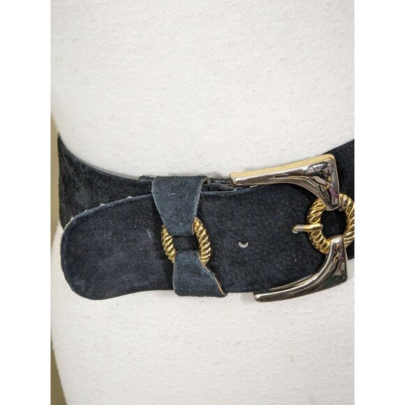 Vintage Womens Leather Belt Black Velvet Upper 28 in- 32 in Gold Buckle Med Wide - Picture 6 of 6
